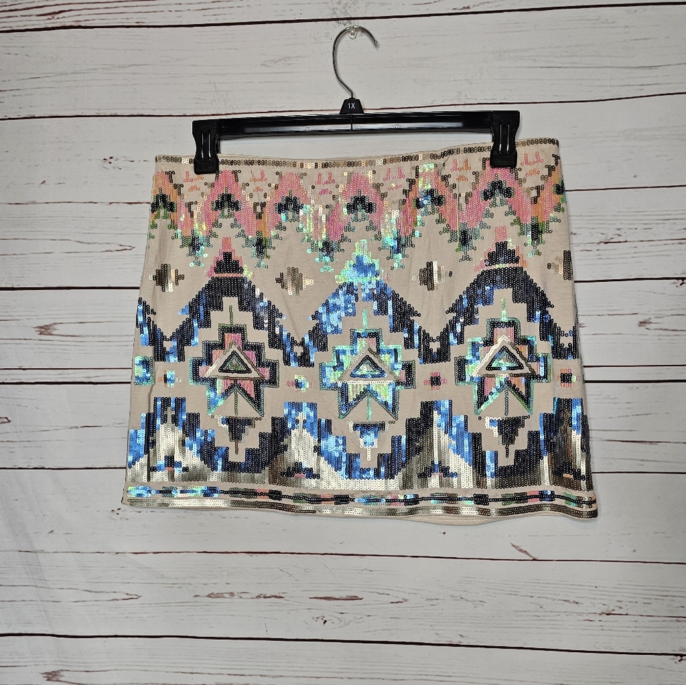 Express Sequin Embellished Aztec Design Mini Skirt